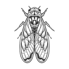 Cicadidae cicada insect animal sketch engraving vector illustration. T-shirt apparel print design. Scratch board imitation. Black and white hand drawn image.