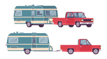 Camper Trailer Red Car With Covered Wagon, Family Camping Trip. Vehicle, Transport And Sleeping Accommodation, Traveling Motor Home. Vector Flat Style Cartoon Illustration Isolated, White Background