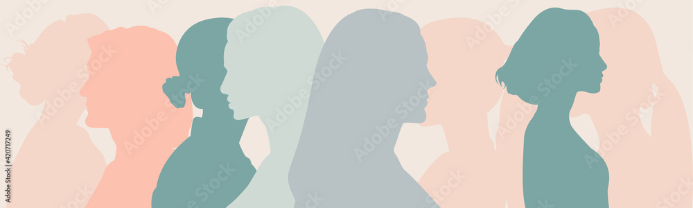 Silhouette group of multiethnic women and man who talk and share ideas and information. Communication and friendship women or girls of diverse cultures. Women social network community. Speak	 - obrazy, fototapety, plakaty 