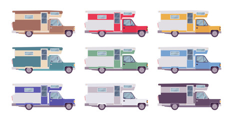 Wall Mural - Campervan, motorhome car for camp and tourism. Auto, large motor vehicle with living accommodation, automobile service. Vector flat style cartoon illustration isolated on white background, side view