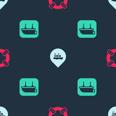 Poster - Set Lifebuoy, Location with cruise ship and Lifeboat on seamless pattern. Vector