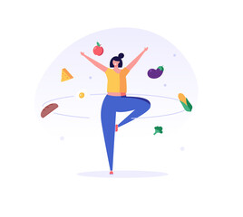 Woman doing yoga on the street. Сoncept of fitness marathon, proper nutrition, healthy food, weight management, beautiful body, vegetables, slimming. Vector illustration in flat design