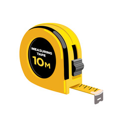 Yellow round tape measure. Carpenter's measurement tool with unit scale.