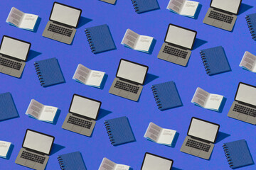 Software development, programming, coding, e-learning, reading digital book. Seamless minimalistic isometric laptop pattern.