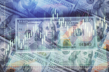 Fototapete - Multi exposure of forex chart drawing over us dollars bill background. Concept of financial success markets.