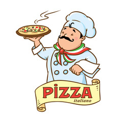 Poster - Funny italian chef with pizza. Emblem design