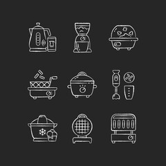 Sticker - Electric cooking devices chalk white icons set on black background. Coffee grinder. Popcorn maker. Smart kettle. Electronic grill. Ice cream machine. Isolated vector chalkboard illustrations