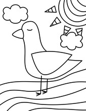 Cute Cartoon Seagull, Sun, Clouds Black And White Vector Illustration For Coloring Art