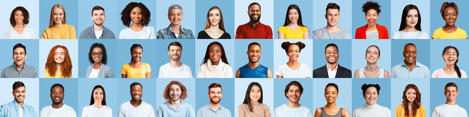 Portrait Collage Of Multiple Happy People Posing Over Blue Backgrounds