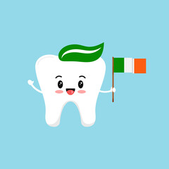 Wall Mural - St Patrick day cute tooth dental icon isolated. Kids dentistry teeth character with irish flag green white and orange color. Flat design cartoon style vector clip art illustration.