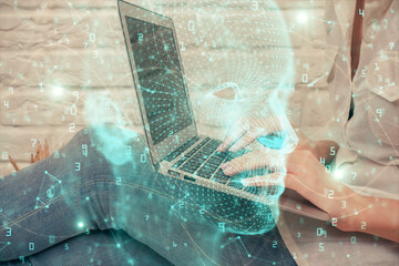 Multi exposure of woman hands working on computer and brain hologram drawing. Ai concept.