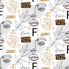 Wall Mural - Abstract one line seamless pattern. Continuous Outline background with female faces. Modern Woman aesthetic contour. Fashion print. Surreal texture.