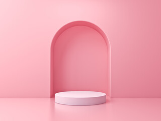 Blank white podium pedestal or platform isolated on pink pastel color wall background with reflection minimal conceptual 3D rendering