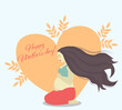 Pregnant woman with long brown hair. Woman expecting baby. Happy mother's day greeting card! Big heart  background. Cute illustration for future mom. Big belly.
