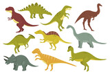 Fototapeta Dinusie - Prehistoric dinosaurs vector illustration set. Cartoon ancient wild animal monsters dino collection with stegosaurus raptor tyrannosaurus brontosaurus spinosaurus styracosaurus isolated on white