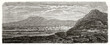 © Mannaggia - distant view of Lampa, Peru, on a large flatland from a rocky hill. Mountain range far in background. Ancient grey tone etching style art by Riou, Le Tour du Monde, 1862