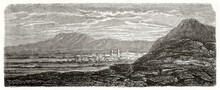 Distant View Of Lampa, Peru, On A Large Flatland From A Rocky Hill. Mountain Range Far In Background. Ancient Grey Tone Etching Style Art By Riou, Le Tour Du Monde, 1862