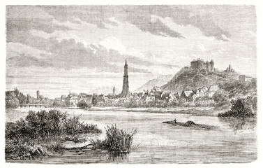 Wall Mural - landscape from flat water of Isar river of Landshut, Germany. Little town surrounded bu hills and nature. Ancient grey tone etching style art by Lancelot and Laly, Le Tour du Monde, 1862