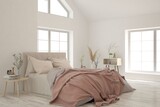 Fototapeta  - White bedroom interior. Scandinavian design. 3D illustration