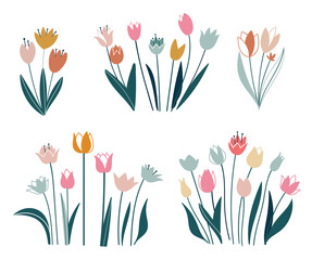 Wall Mural - Tulips set. Flowers in a flat style. Vector isolated on white background. Easter, thanksgiving. Spring, hand drawn elements.