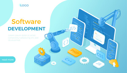Software Development.  Programming, engineering, coding.  Testing and bug fixing. Creating new applications, programs, frameworks. Isometric vector illustration for website.