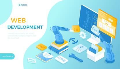 Wall Mural - Web development. Coding website application and Software engineering. Program code on the monitor screen. Isometric vector illustration for website.