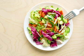 Vegetable salad with red cabbage, cucumber, tomato, onion, carrot and lettuce on a white plate.  Flat lay top view photo.  Food from above. 