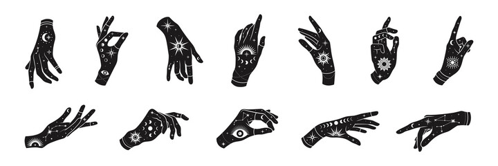 vector set of woman hands with mystical magic symbols-eyes, sun, phrases of moon, stars, jewels. spi
