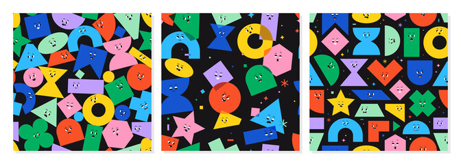 Set of seamless pattern with cute cartoon geometric figures with different face emotions. Colorful funny characters, trendy vector illustration, various basic figures. Poster for kids.