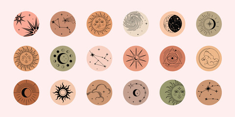 vector set of highlights with moon, sun, clouds, stars and constellations. mystical magic elements, 
