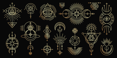 Wall Mural - vector golden set of mystical magic symbols. spiritual occultism line objects with sun, moon, stars,