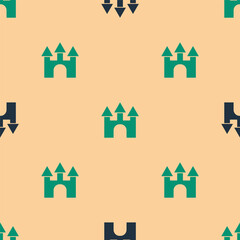 Wall Mural - Green and black Castle icon isolated seamless pattern on beige background. Vector