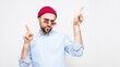 © Анастасия Семашко - Bearded in funny glasses shows dances with happiness, portrait, white background