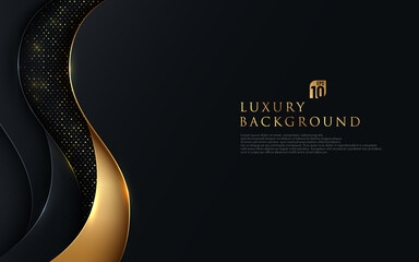 Wall Mural - Abstract wavy overlapping on black background with glitter and golden lines glowing dots golden combinations. Luxury and elegant design. Vector illustration