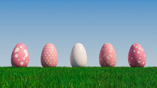 Easter Eggs On A Grass Lawn, With A Clear Blue Sky. Beautiful Pink Eggs With Circle, Ring And Floral Patterns. 3D Render