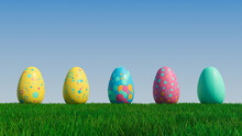 Easter Eggs On A Grass Lawn, With A Clear Blue Sky. Beautiful Blue, Yellow And Pink Eggs With Circle And Ring Patterns. 3D Render