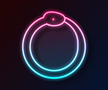 Glowing Neon Line Magic Symbol Of Ouroboros Icon Isolated On Black Background. Snake Biting Its Own Tail. Animal And Infinity, Mythology And Serpent. Vector