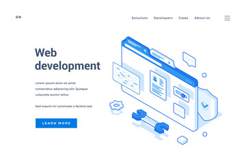 Isometric banner about web development in Internet