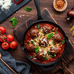 Top down view of a skillet filled with saucy meatballs topped with melted cheese and garnished with basil.