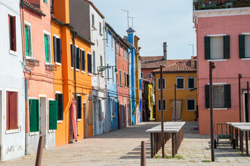 Burano island, characteristic view of colorful houses, Venice lagoon, Italy, Europe