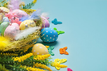 Wall Mural - Congratulatory easter background. Background with copy space. Selective focus. Horizontal.