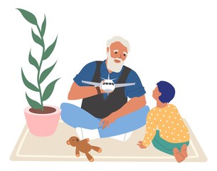 Wall Mural - Happy grandfather and grandson playing toy game together, flat vector illustration. Grandparent grandchild relationships