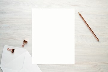 Wall Mural - Stationery mockup, empty writing paper on white wooden background, blank letter, envelope and gold office supplies.