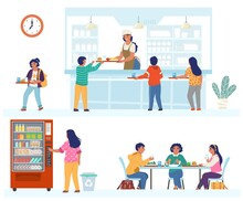 School Canteen, Cafeteria, Cafe Scene Set, Flat Vector Isolated Illustration. Happy Children Having Lunch.