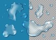 Water puddle set, vector isolated top view illustration. Realistic water splashes, droplets, liquid spills