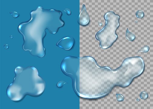 Fototapete - Water puddle set, vector isolated top view illustration. Realistic water splashes, droplets, liquid spills