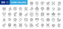 Set Of Icons Core Values. 29 Vector Images With Editable Stroke. Includes Such Qualities As Performance, Passion, Diversity, Exceptional, Innovative, Accountability, Will To Win, Empathy, Open-minded