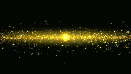 Wall Mural - Christmas background of sparkling golden particles flying away from the center, wave of particles, looped video.