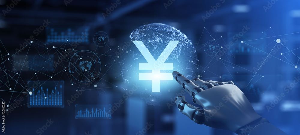 Yen icon Robotic Forex trading financial concept. Robot hand pressing button on screen 3d render. - obrazy, fototapety, plakaty 