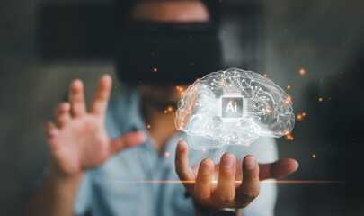 Aufkleber - man wearing VR glasses Deep Machine learning Artificial intelligence AI technology concept on virtual screen. Internet of Things IoT, big data, 4.0 industrial technology.